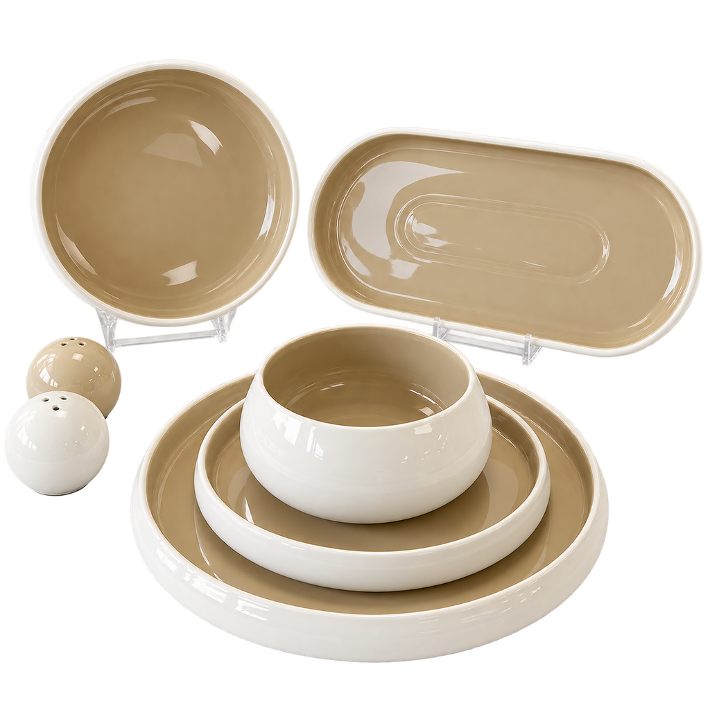 CHUBBY Geschirrset Weiß/Beige – 27-teilig für 6 Personen
