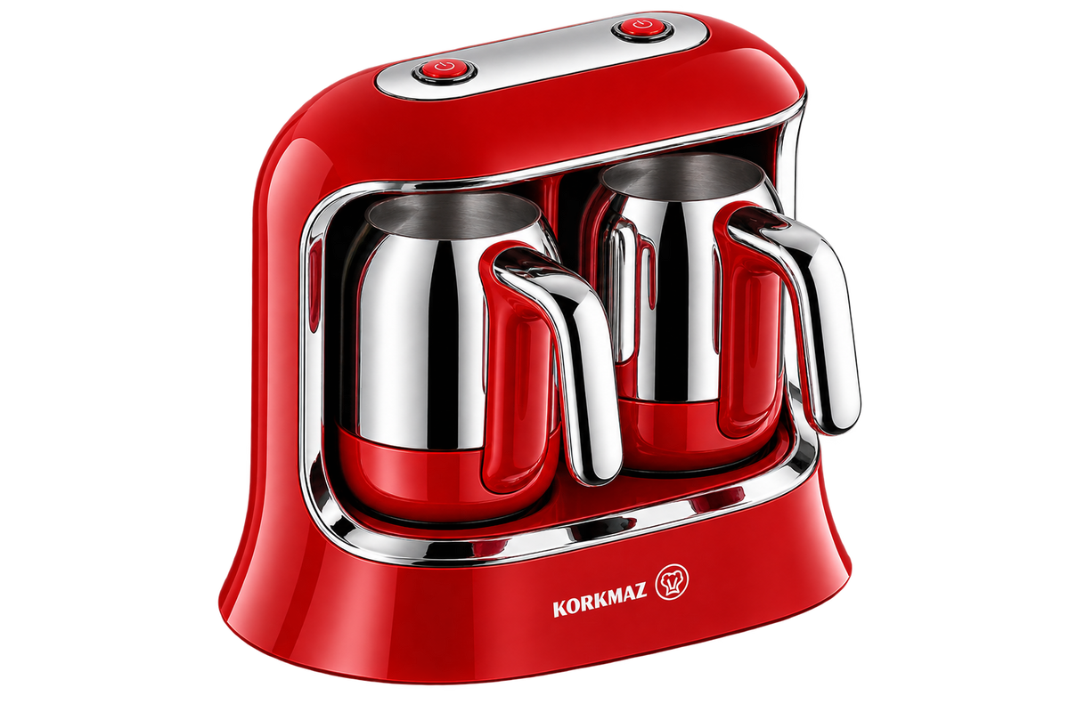 Korkmaz Kahvekolik Twin Türkische Kaffeemaschine A861 – Rot/Chrom, 4+4 Tassen