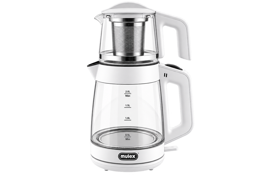 MULEX Tee-Express 2-in-1 Teekocher aus Glas 2,0 L – Weiß
