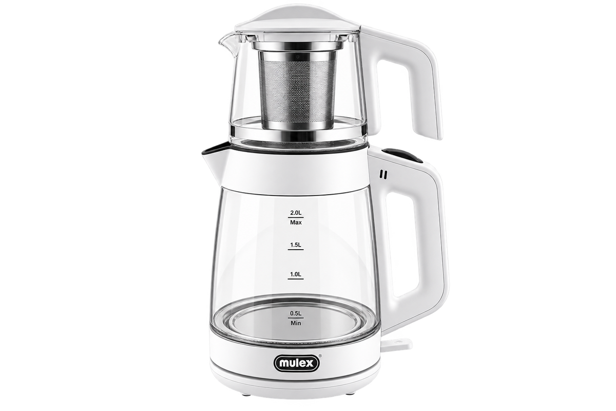 MULEX Tee-Express 2-in-1 Teekocher aus Glas 2,0 L – Weiß