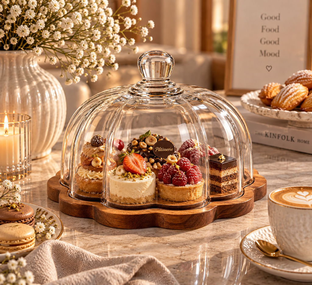 Akazienholz LOTUS Patisserie mit Glasdeckel – Klein