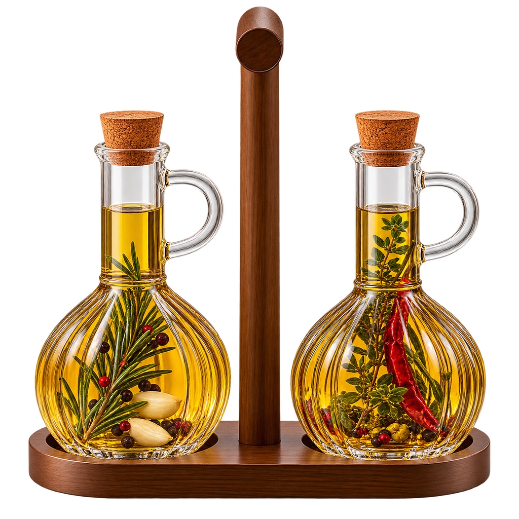 MULEX Öl- & Essigspender 2er-Set mit Holzständer – 320 ml