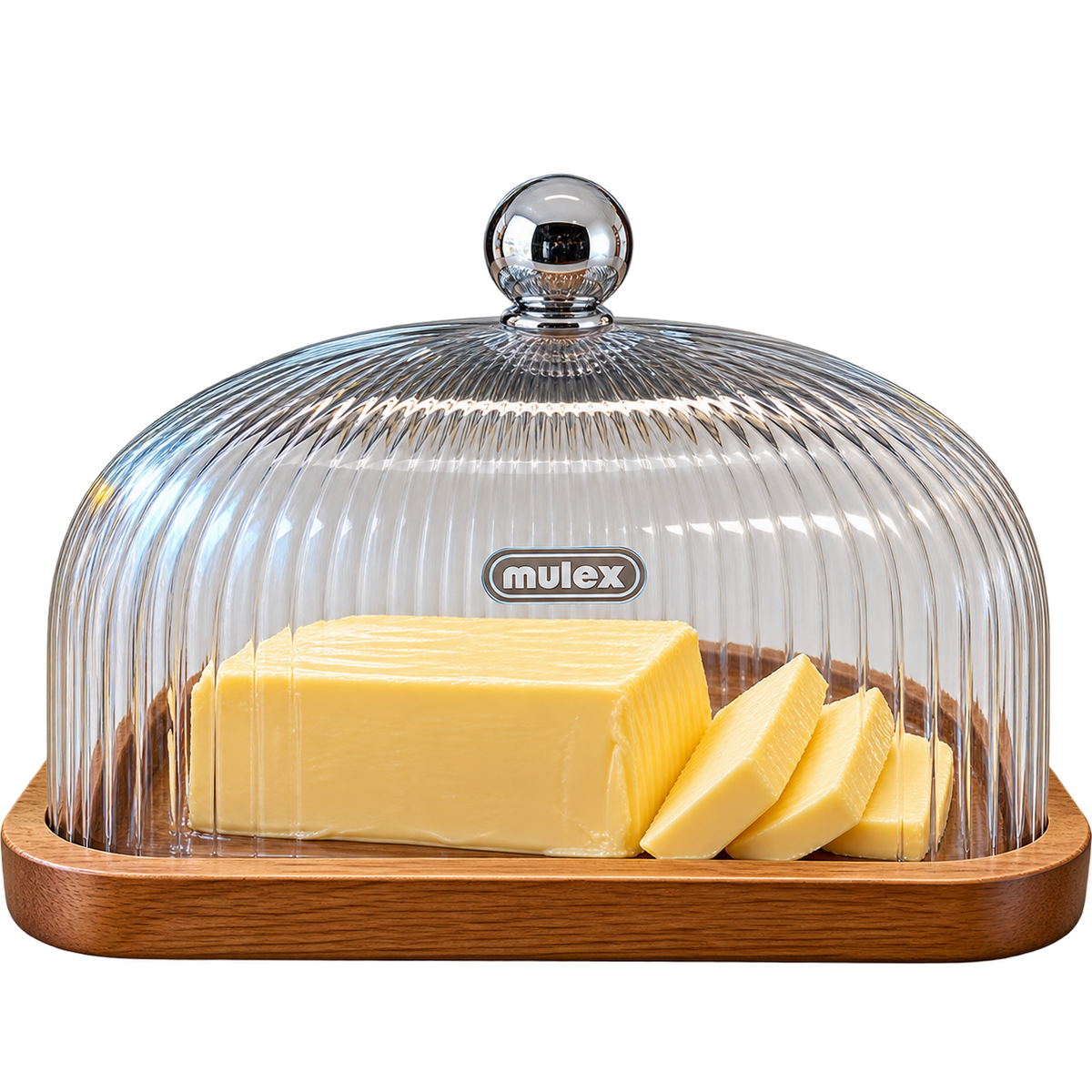 MULEX RIFFLE Butterdose aus Akazienholz mit Glasglocke