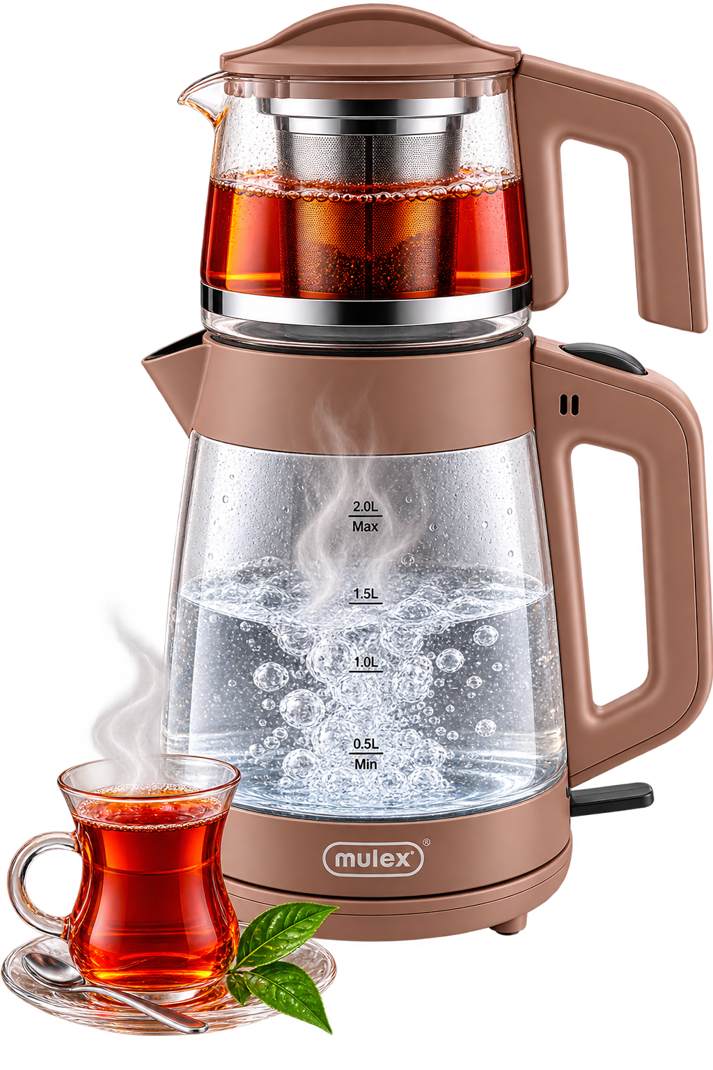 MULEX Tee-Express 2-in-1 Teekocher aus Glas 2,0 L – Kupfer-Beige