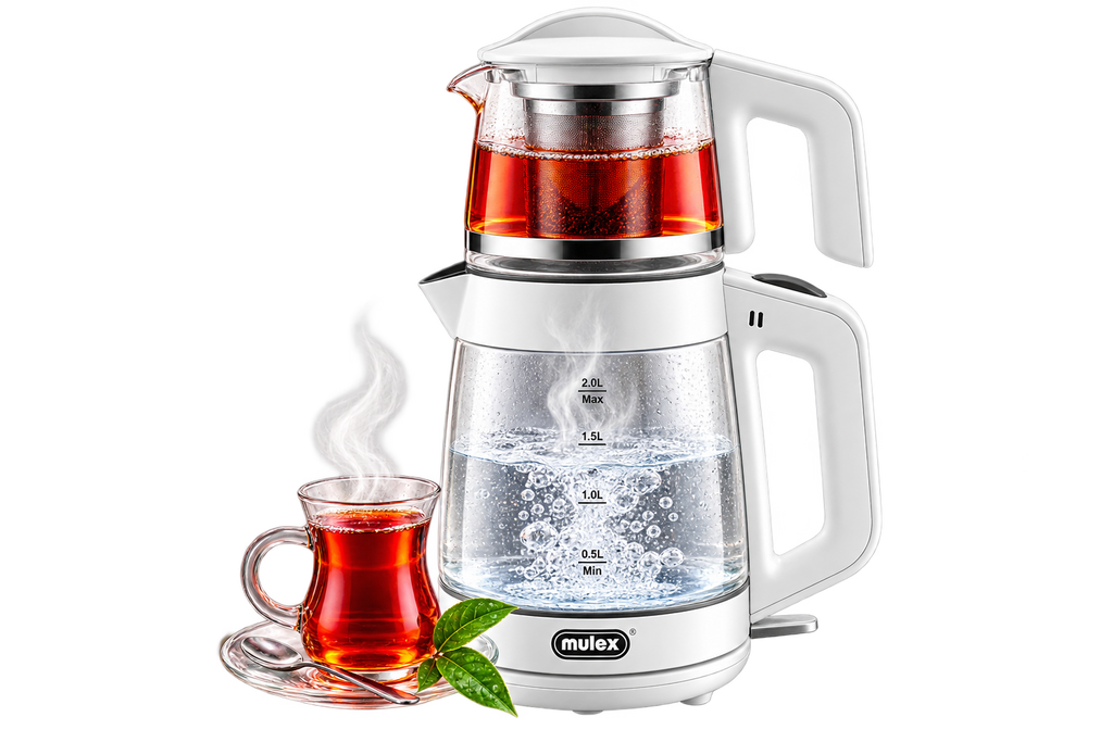 MULEX Tee-Express 2-in-1 Teekocher aus Glas 2,0 L – Weiß
