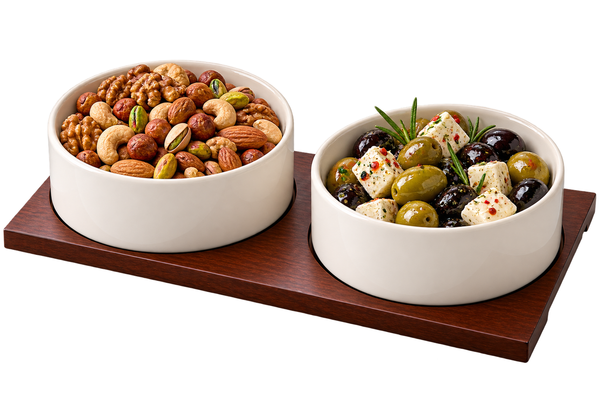 SORA Mezze-Servierschalen mit Akazienholz-Tablett – 2-teilig