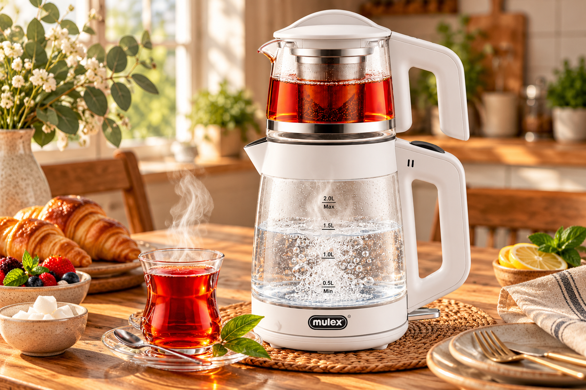 MULEX Tee-Express 2-in-1 Teekocher aus Glas 2,0 L – Weiß