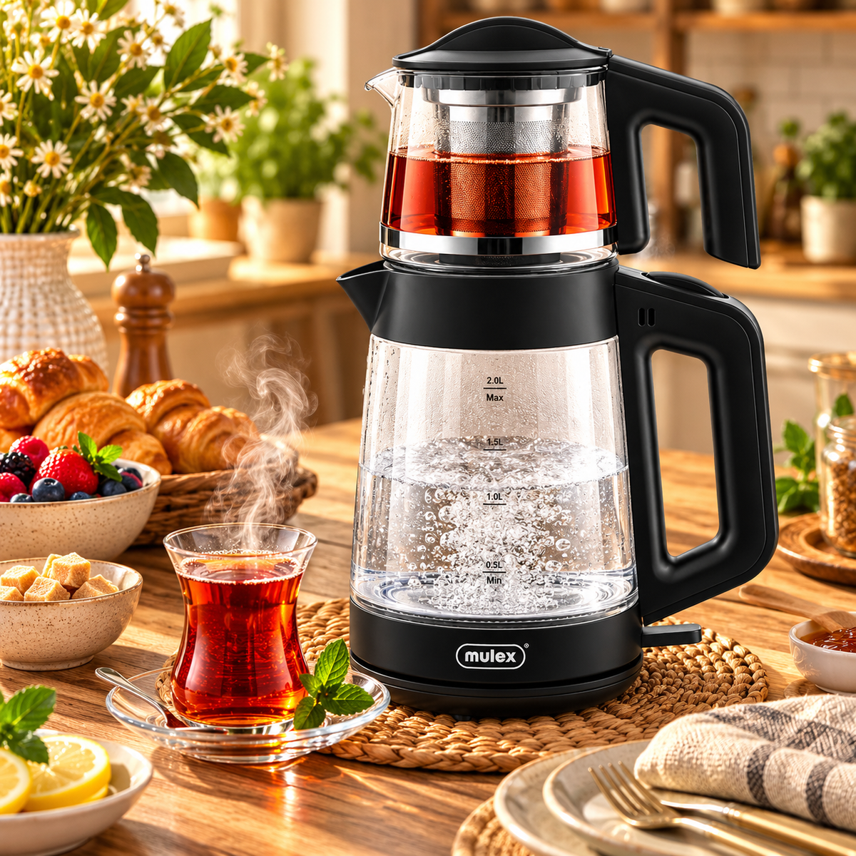 MULEX Tee-Express 2-in-1 Teekocher aus Glas 2,0 L – Schwarz