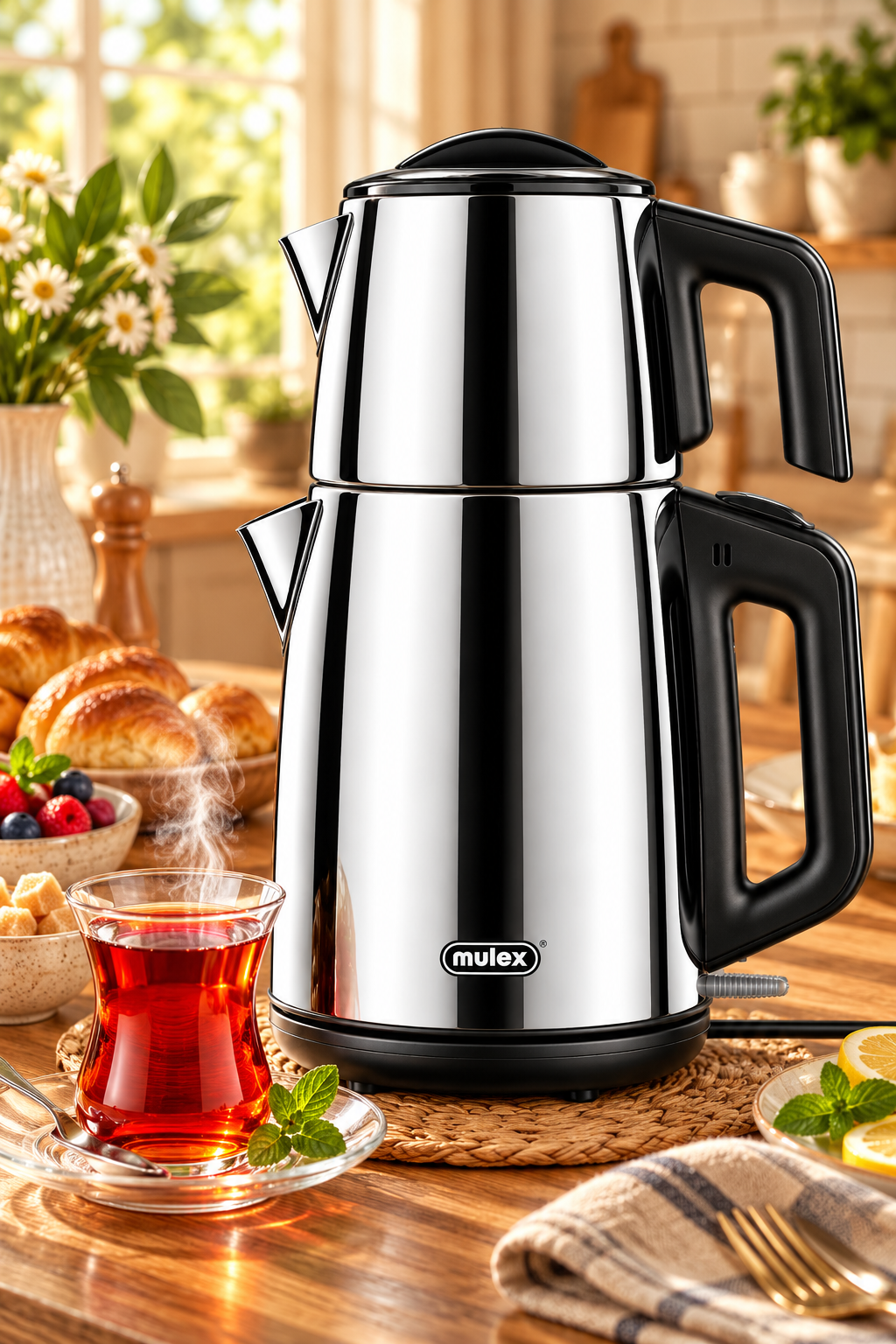 MULEX Tee-Express Türkischer Teekocher 2,0 L – Edelstahl Glänzend