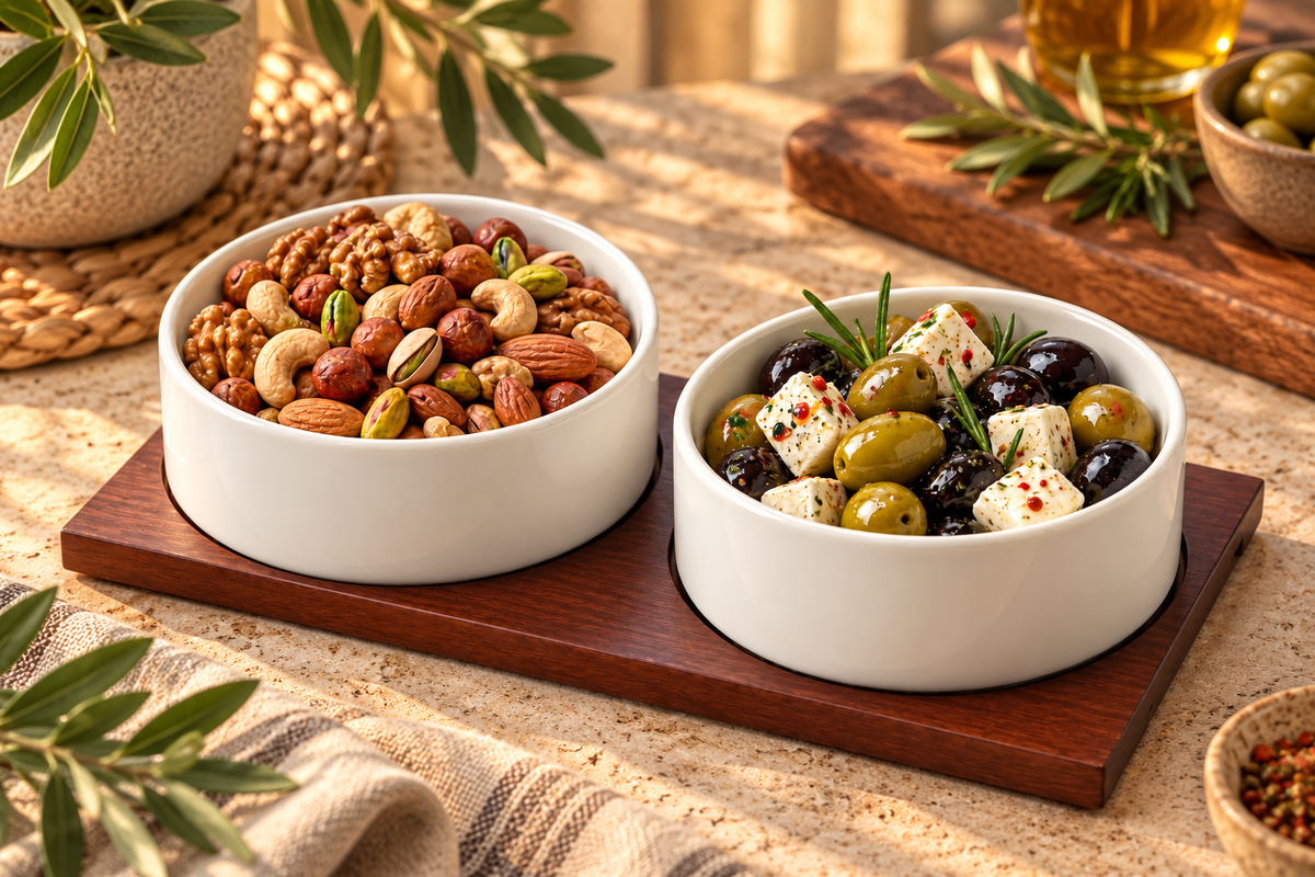 SORA Mezze-Servierschalen mit Akazienholz-Tablett – 2-teilig