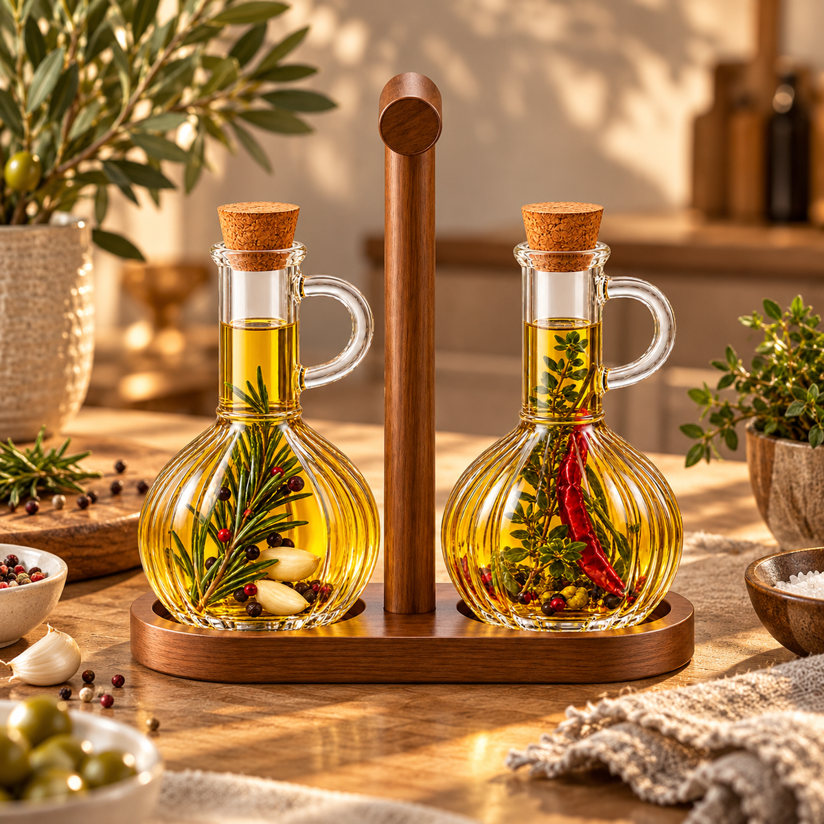 MULEX Öl- & Essigspender 2er-Set mit Holzständer – 320 ml