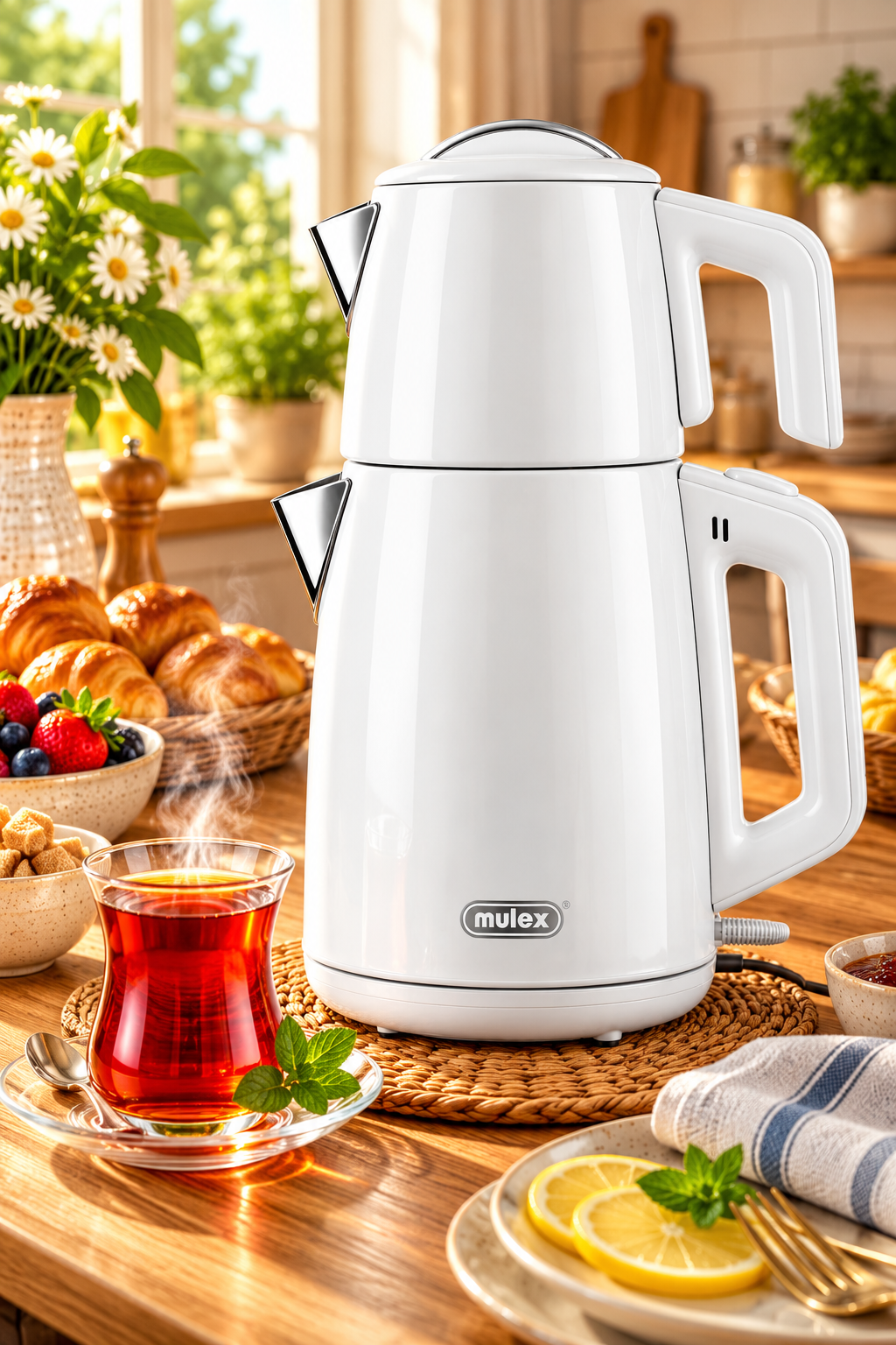 MULEX Tee-Express Türkischer Teekocher 2,0 L – Edelstahl Weiß