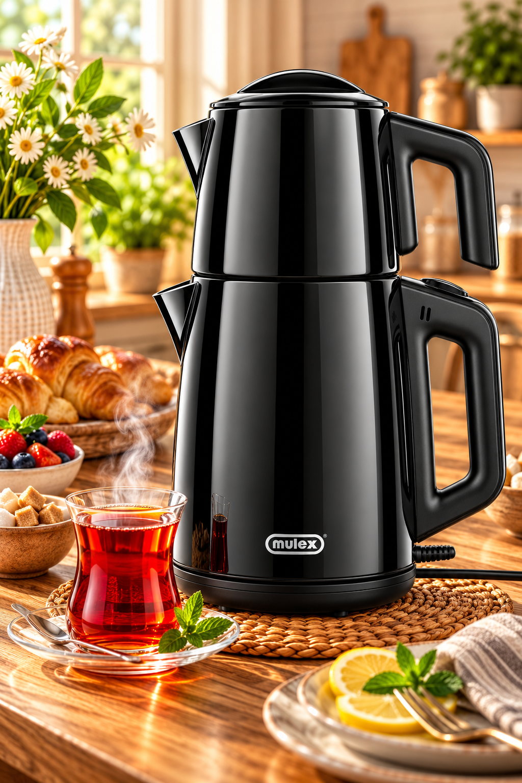 MULEX Tee-Express Türkischer Teekocher 2,0 L – Edelstahl Schwarz