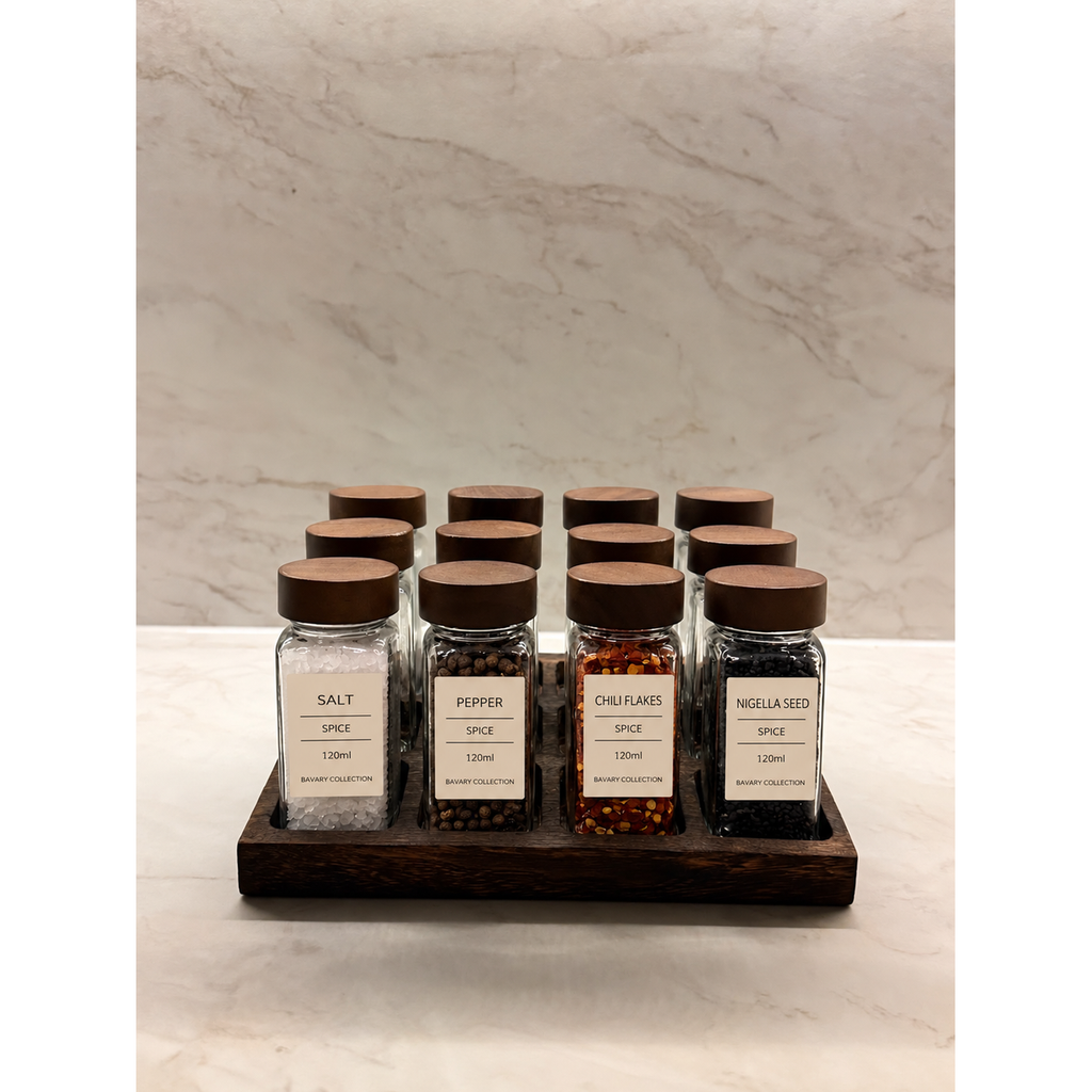 Akazienholz Gewürzdosen mit Ständer & Etiketten – 12er-Set